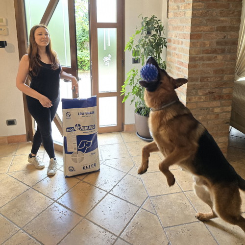 Signore tatuato con il suo Bulldog Inglese e il sacco delle sue crocchette Dermat Dogbauer